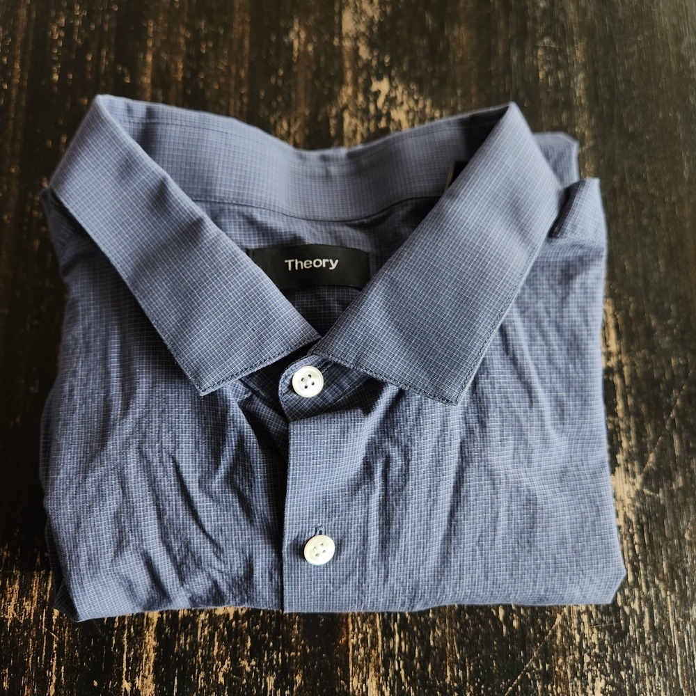 Theory Button Up Shirt Mens 17 Large Plaid Micro Check Print Lightweight Blue - Picture 10 of 11